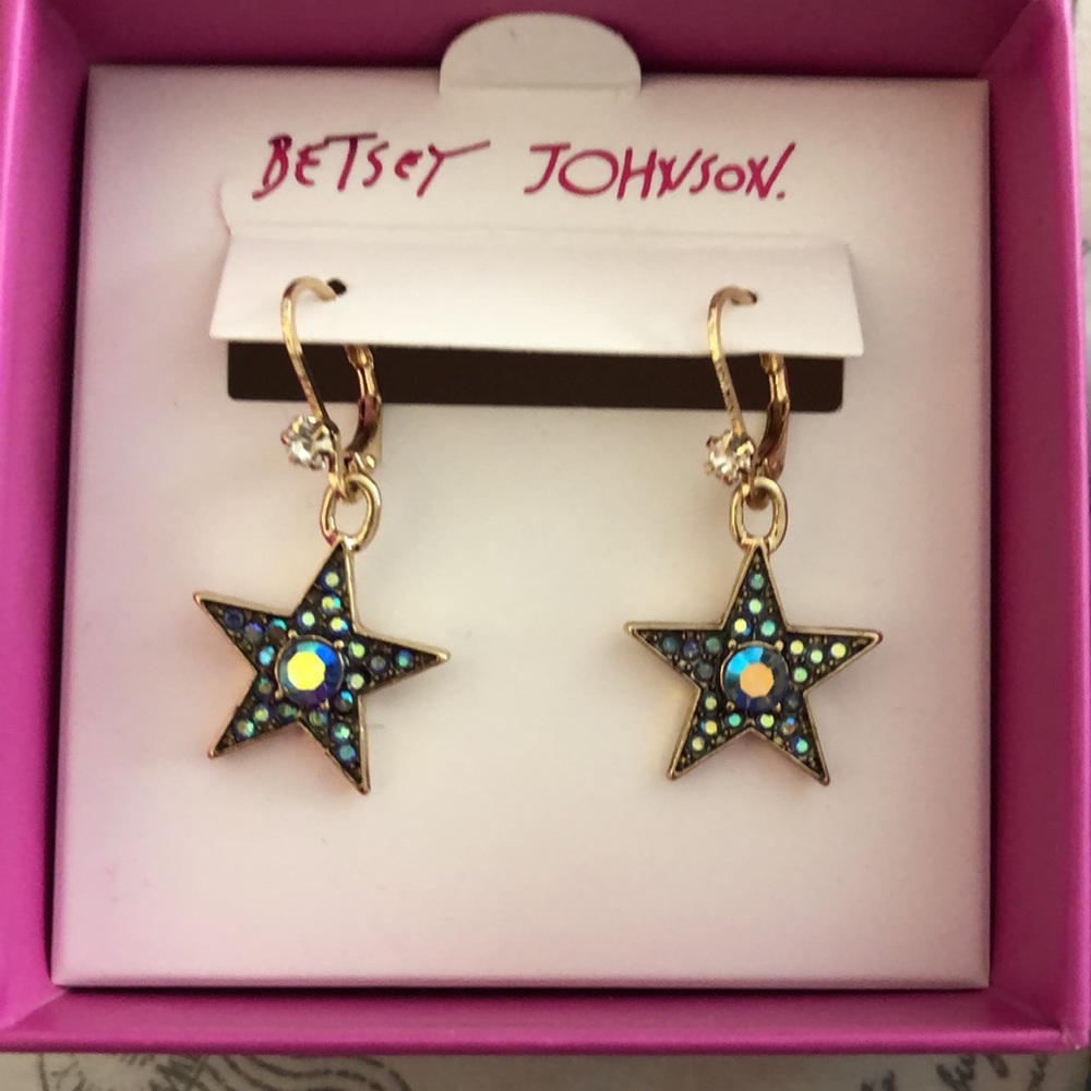 Betsey Johnson Gold Tone Heavenly Creatures Star Drop Earrings Oil Slick Color - Picture 2 of 11